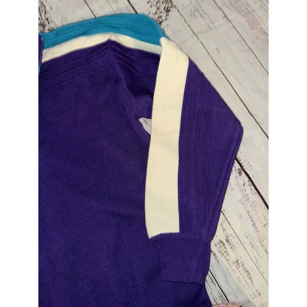 VTG Herman’s Ladies Small Ski Sweater Bold Colorful Purple Blue Multi Wool Blend